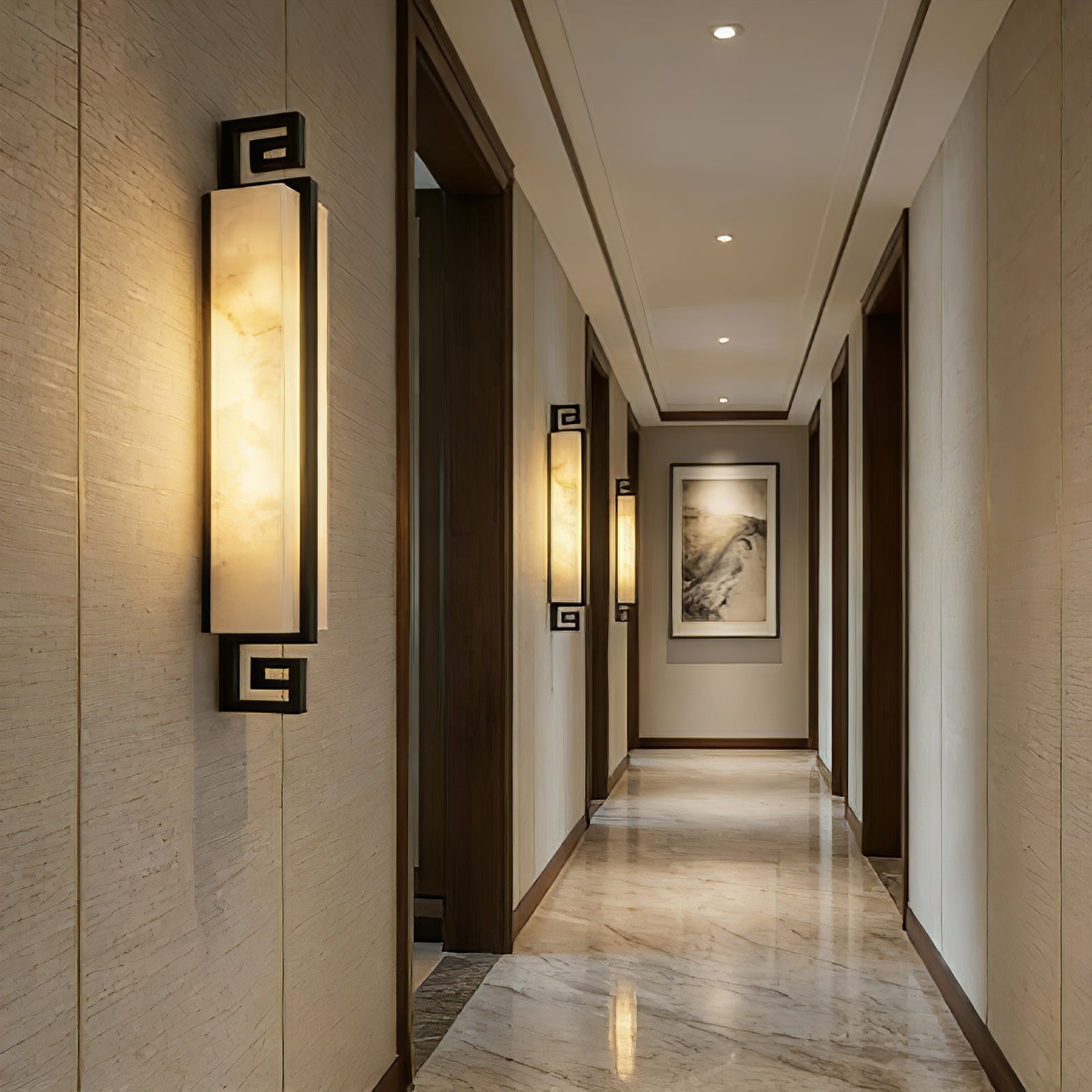 Sleek Alabaster Brass Wall Light - Long Gallery Walkway Matte Black Linear Perspective Set | HoaiLamp