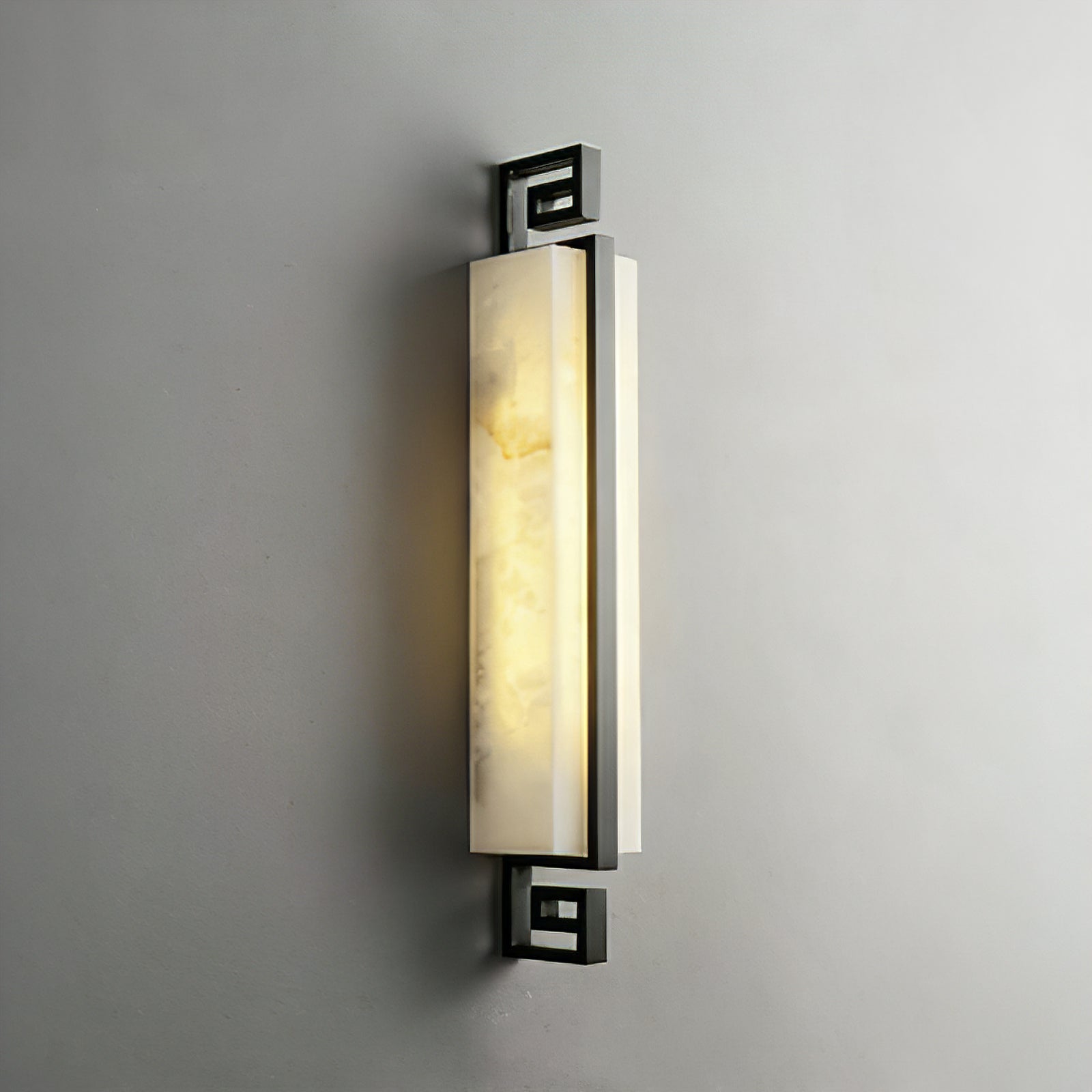 Sleek Alabaster Brass Wall Light - Industrial Matte Black Framework Translucent Stone Texture | HoaiLamp