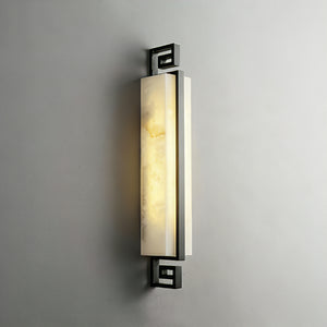 Sleek Alabaster Brass Wall Light - Industrial Matte Black Framework Translucent Stone Texture | HoaiLamp