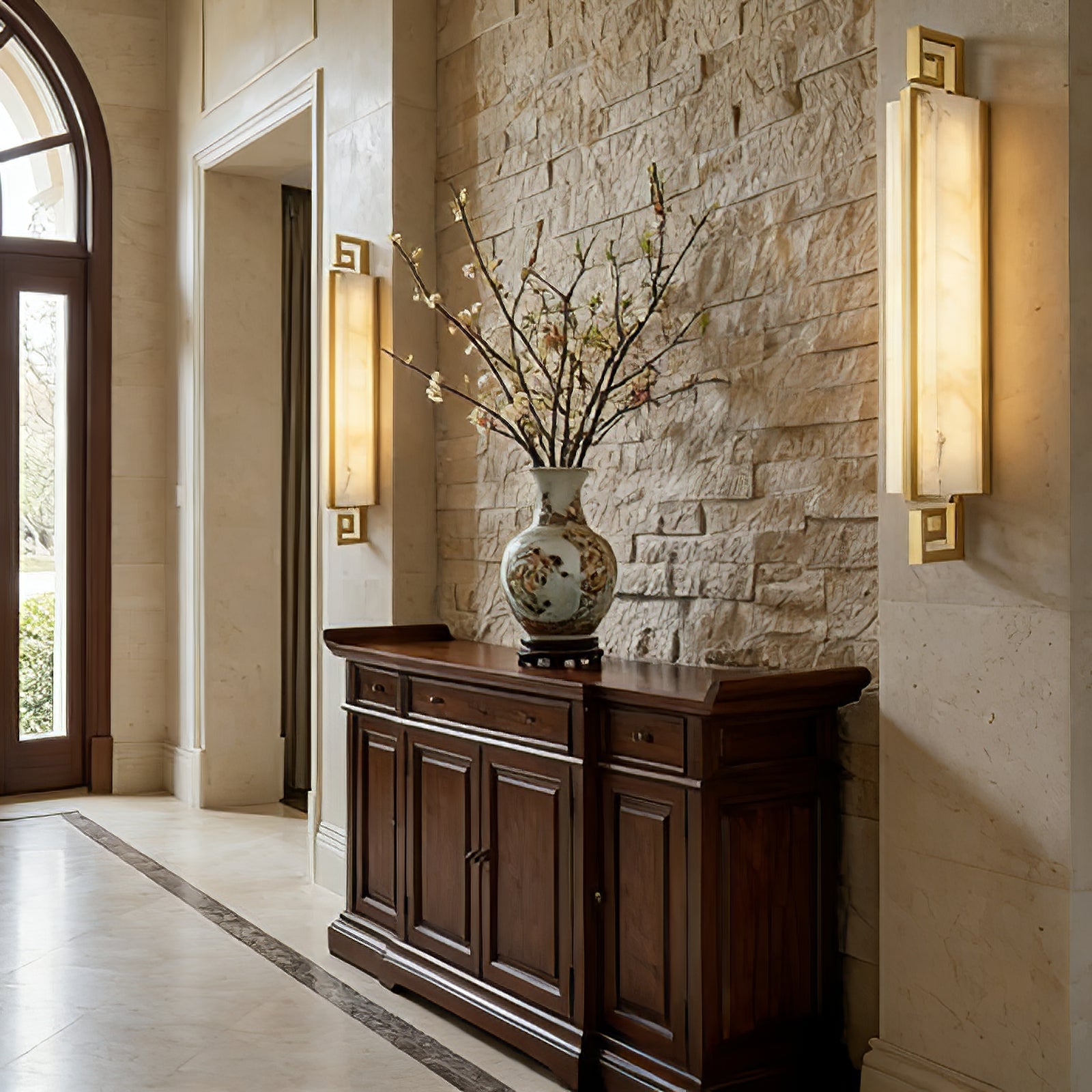 Sleek Alabaster Brass Wall Light - Rustic Natural Stone Wall Foyer Classical Credenza Decor | HoaiLamp
