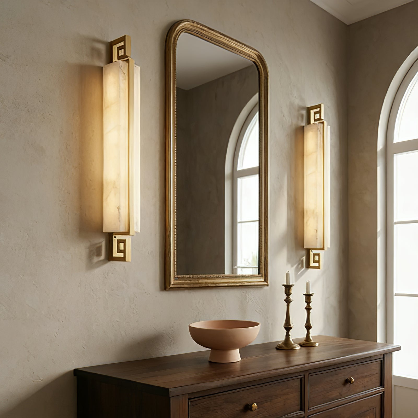 Sleek Alabaster Brass Wall Light - Vintage Entryway Symmetrical Set Gold Frame Mirror | HoaiLamp