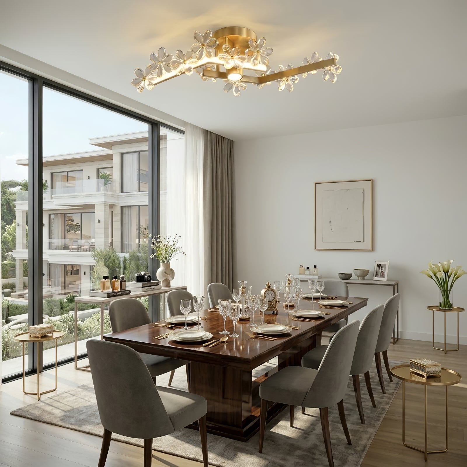 Sparkling Crystal Plum Blossom Ceiling Light - Grand Walnut Timber Dining Table Estate Interior | HoaiLamp