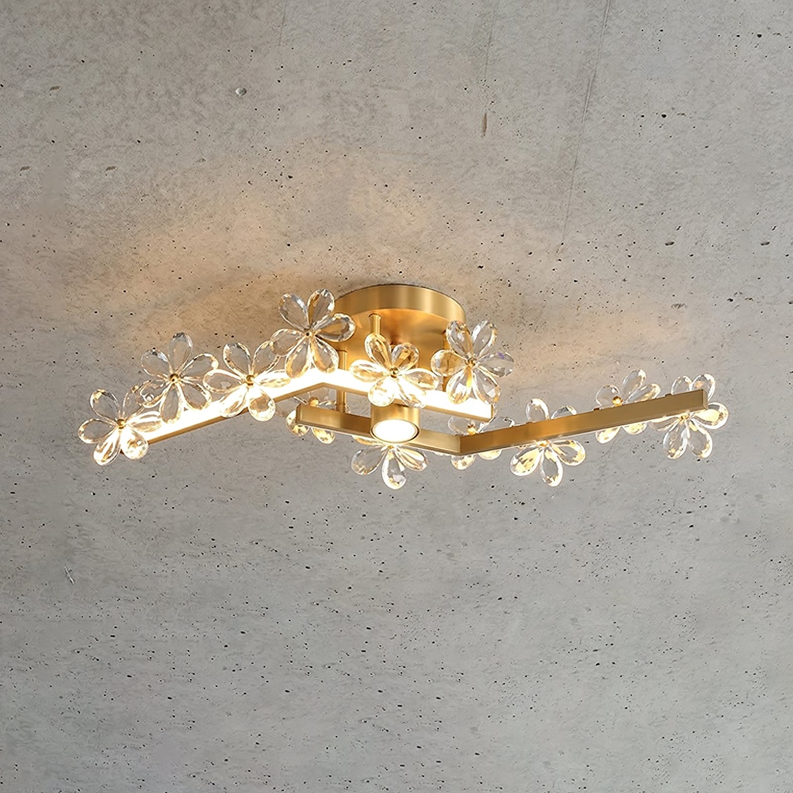 Sparkling Crystal Plum Blossom Ceiling Light - Illuminated Linear Branch Minimalist Concrete Wall | HoaiLamp