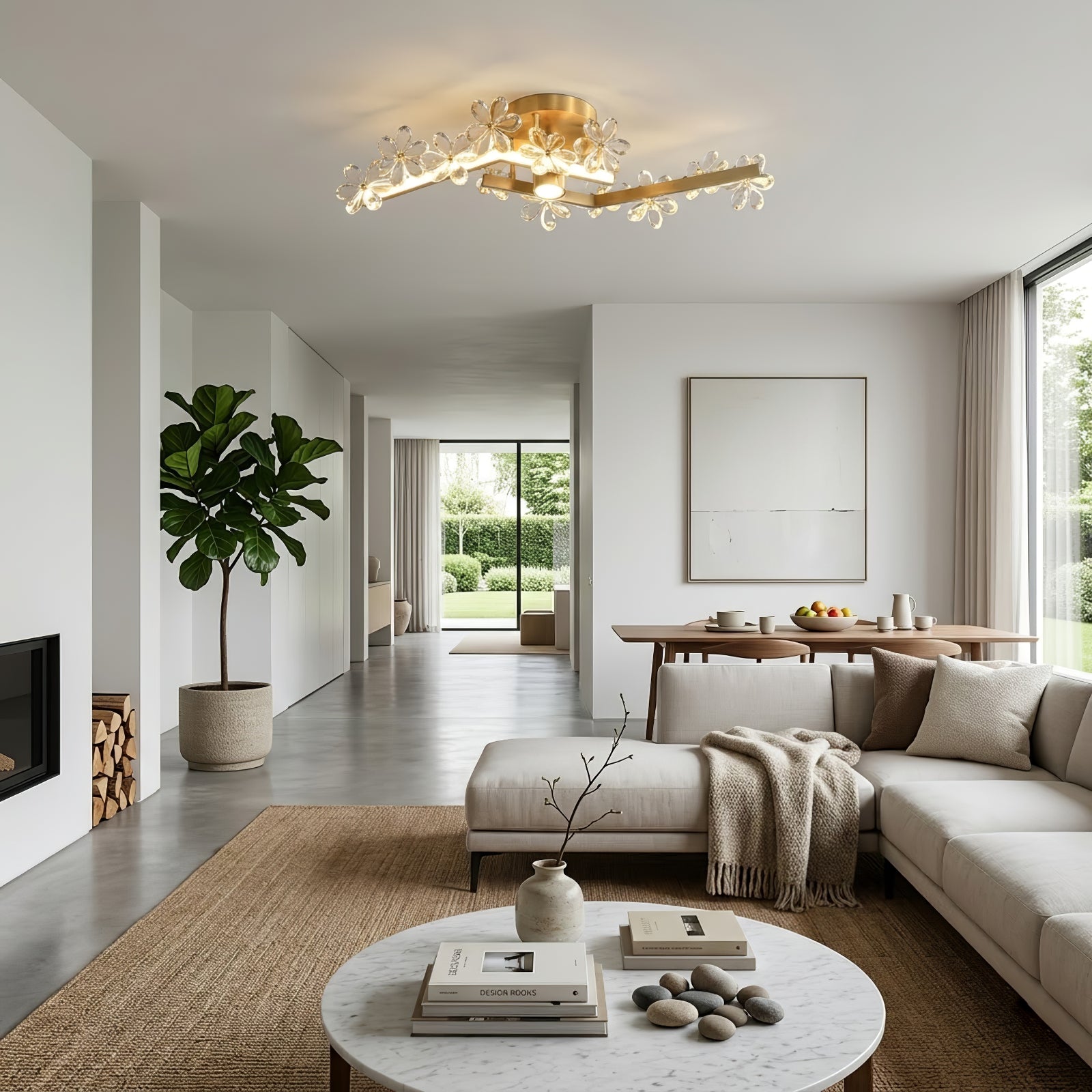 Sparkling Crystal Plum Blossom Ceiling Light - Spacious Sectional Sofa Layout Hallway Plant | HoaiLamp