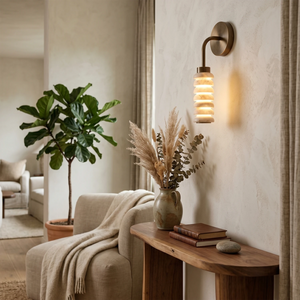 Spiral Alabaster Wall Lamp - Art Deco Brass Profile | HoaiLamp Cozy Lounge Nook Column Sconce