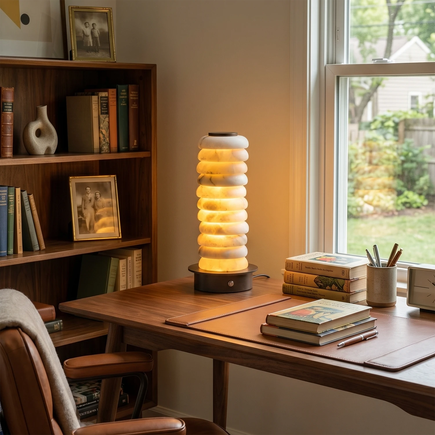 Multi-Tiered Alabaster Table Lamp - Cozy Home Office Wooden Desk Built In Bookshelves | HoaiLamp