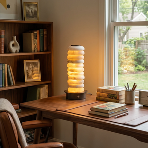 Multi-Tiered Alabaster Table Lamp - Cozy Home Office Wooden Desk Built In Bookshelves | HoaiLamp