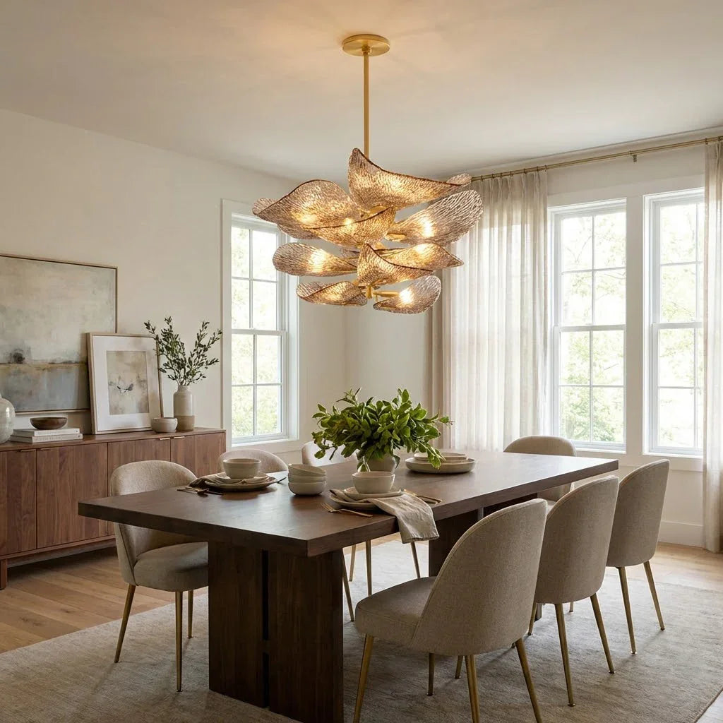 Textured Glass Leaf Chandelier - Bright Transitional Dining Room Long Wood Table Upholstered Chairs | HoaiLamp