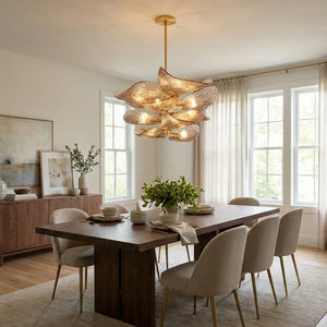 Textured Glass Leaf Chandelier - Bright Transitional Dining Room Long Wood Table Upholstered Chairs | HoaiLamp