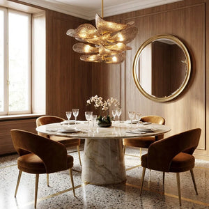 Textured Glass Leaf Chandelier - Chic Modern Dining Room Round Marble Table Pedestal Mirror | HoaiLamp