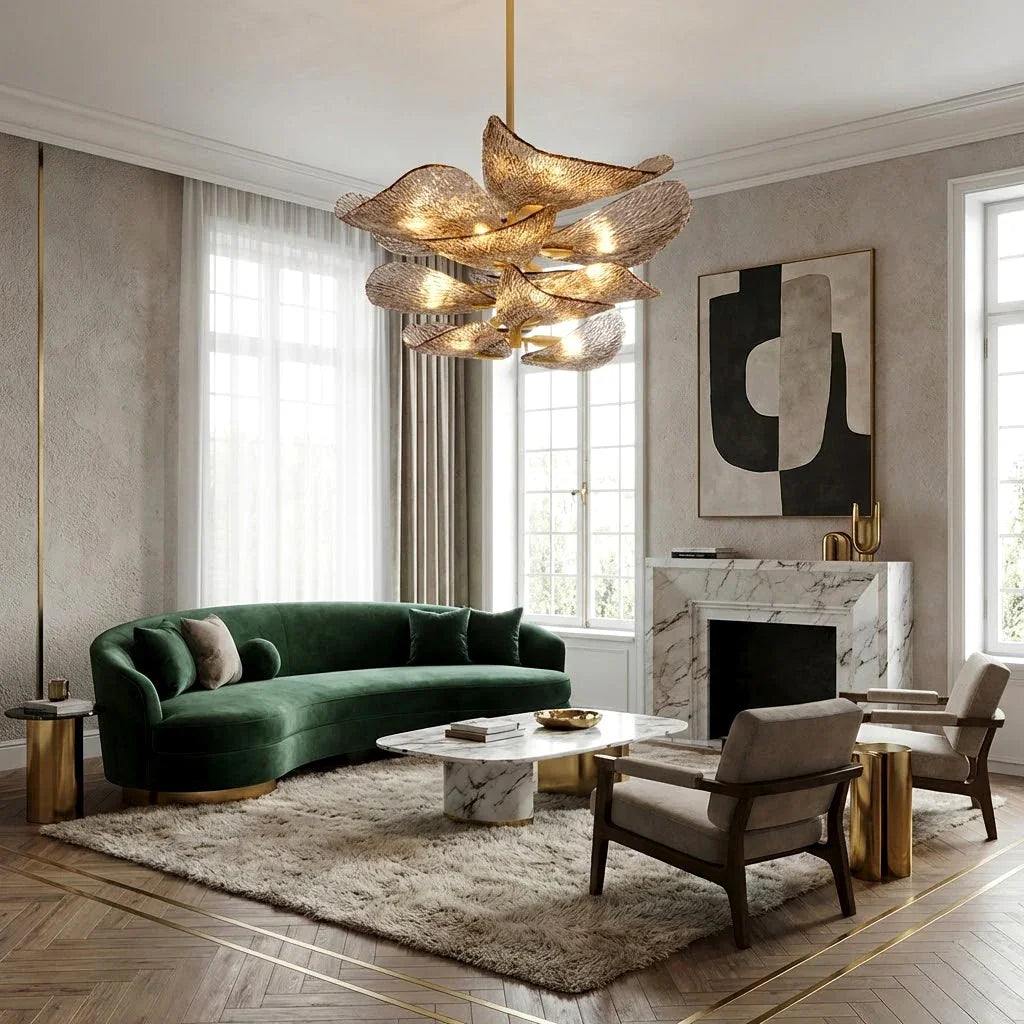 Textured Glass Leaf Chandelier - Contemporary Living Room Curved Green Sofa Abstract Artwork | HoaiLamp
