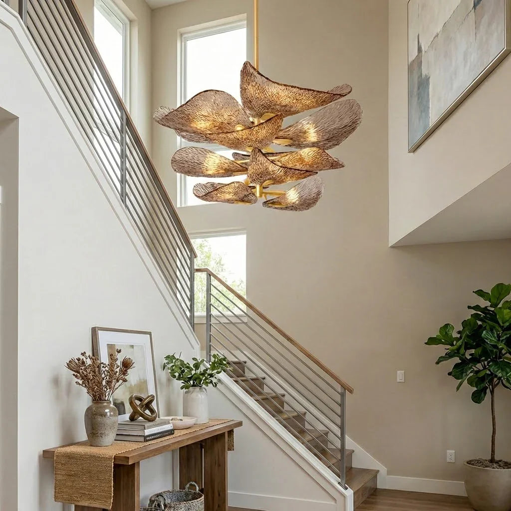 Textured Glass Leaf Chandelier - Double Height Grand Foyer Entryway Staircase Console Table | HoaiLamp