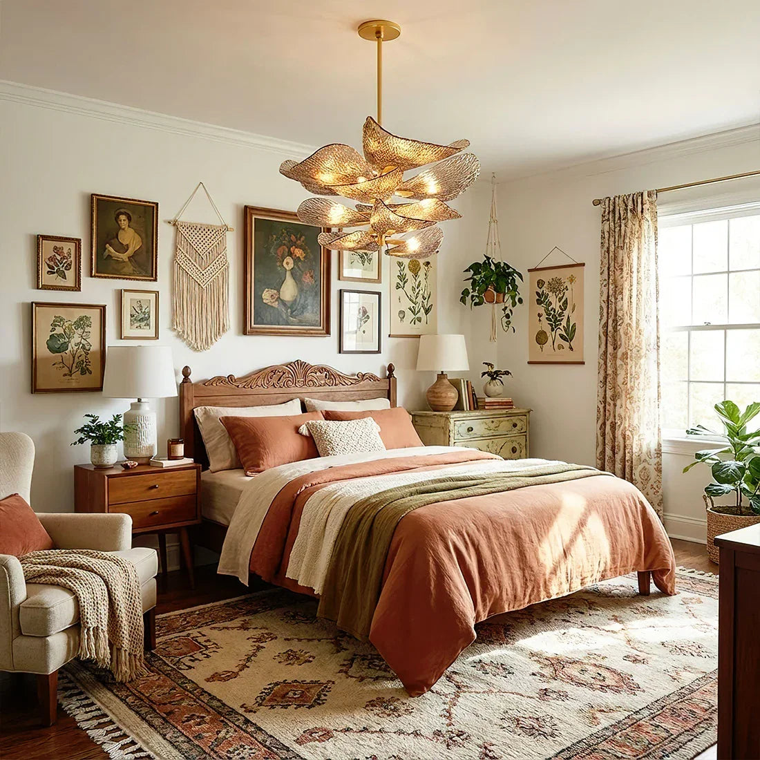Textured Glass Leaf Chandelier - Eclectic Art Filled Bedroom Gallery Wall Terracotta Bedding | HoaiLamp