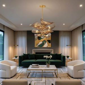 Textured Glass Leaf Chandelier - Formal Living Room Emerald Green Velvet Sofa Classic Fireplace | HoaiLamp