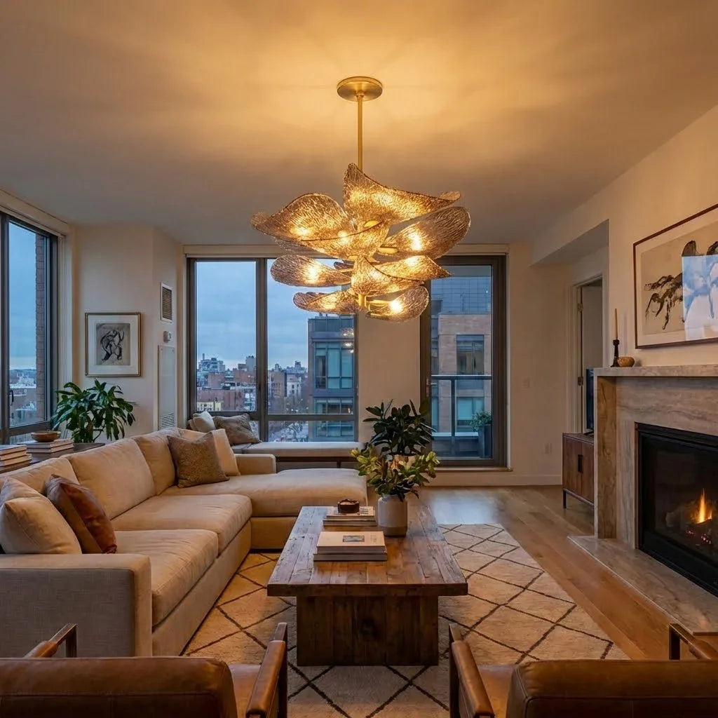 Textured Glass Leaf Chandelier - Luxury Penthouse Loft Living Room Sunset City Skyline View | HoaiLamp