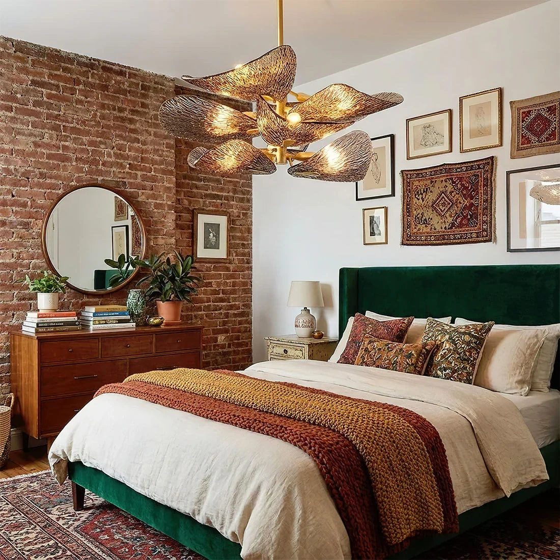 Textured Glass Leaf Chandelier - Industrial Loft Bedroom Exposed Rustic Brick Wall Green Headboard | HoaiLamp