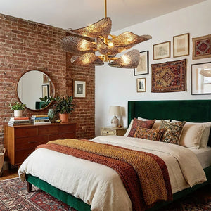 Textured Glass Leaf Chandelier - Industrial Loft Bedroom Exposed Rustic Brick Wall Green Headboard | HoaiLamp