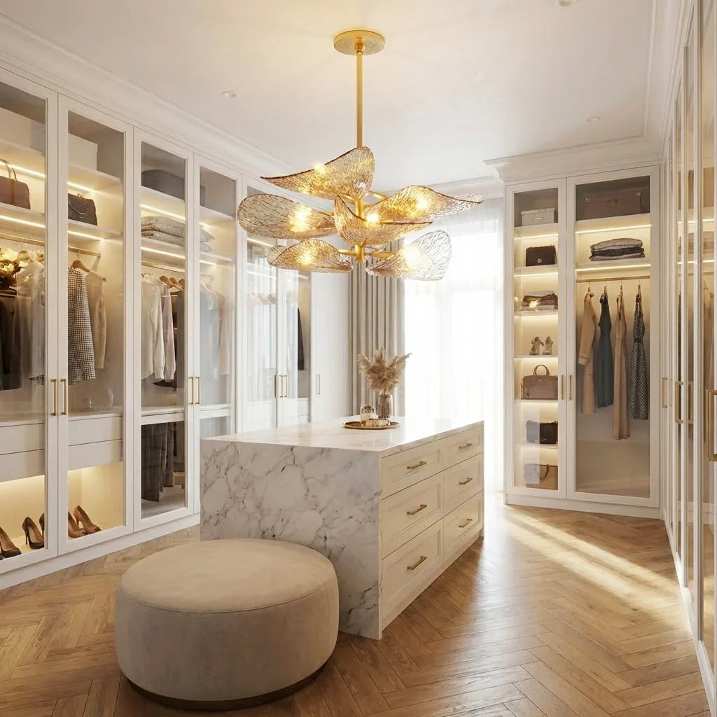 Textured Glass Leaf Chandelier - Luxury Walk In Closet Dressing Room White Wardrobes Central Island | HoaiLamp