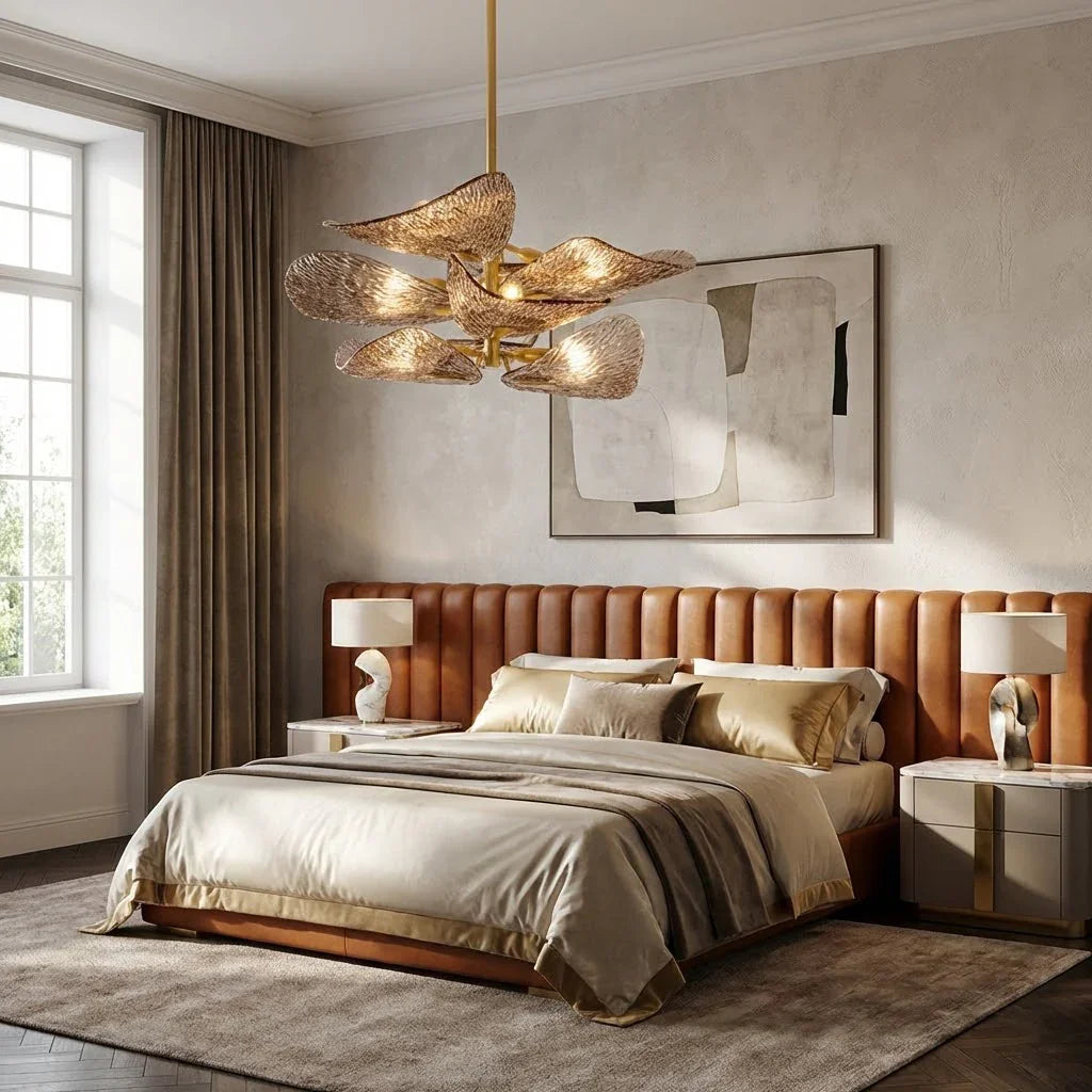 Textured Glass Leaf Chandelier - Italian Master Bedroom Fluted Wood Paneling Accent Wall | HoaiLamp