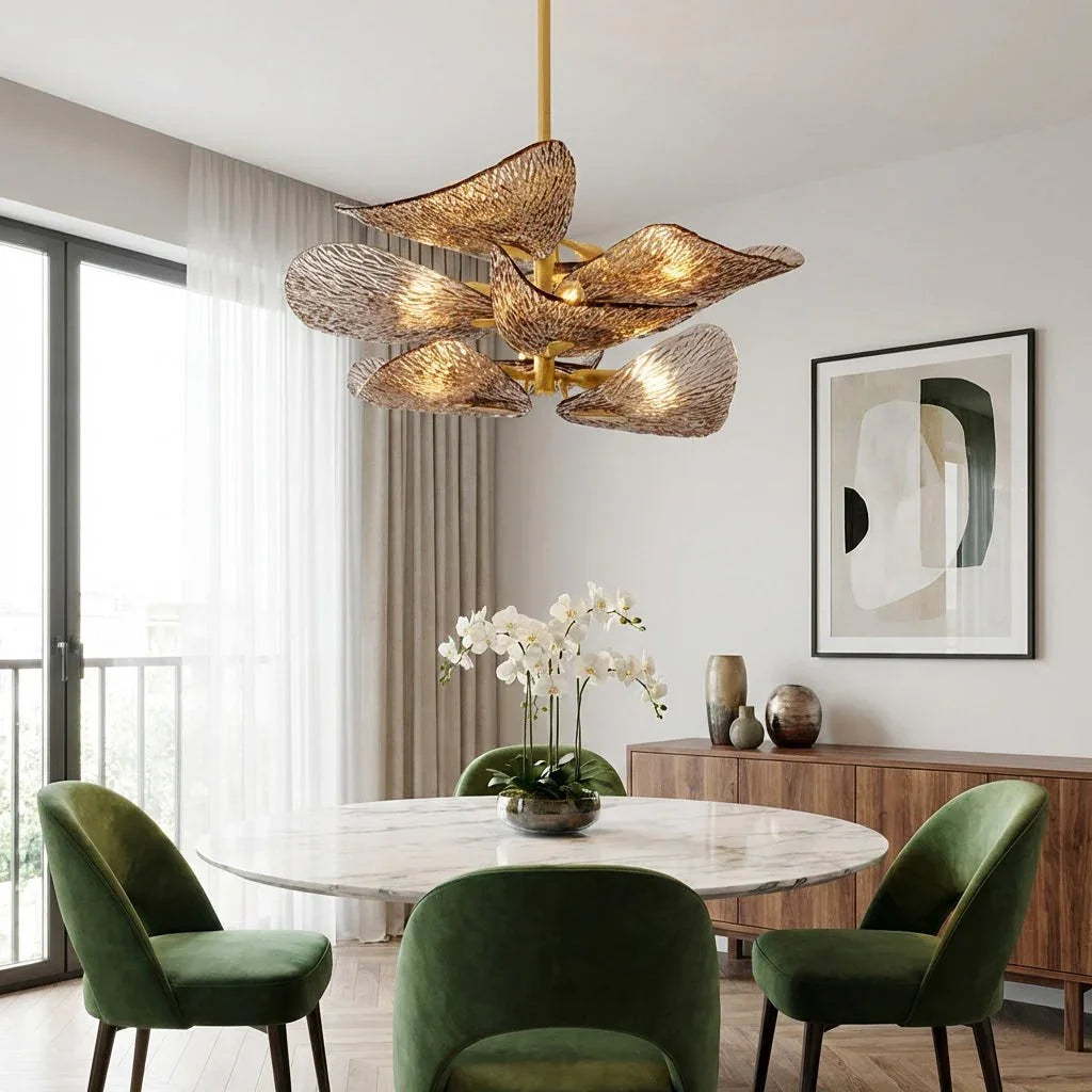 Textured Glass Leaf Chandelier - Modern Apartment Dining Area Round White Marble Table Green Chairs | HoaiLamp