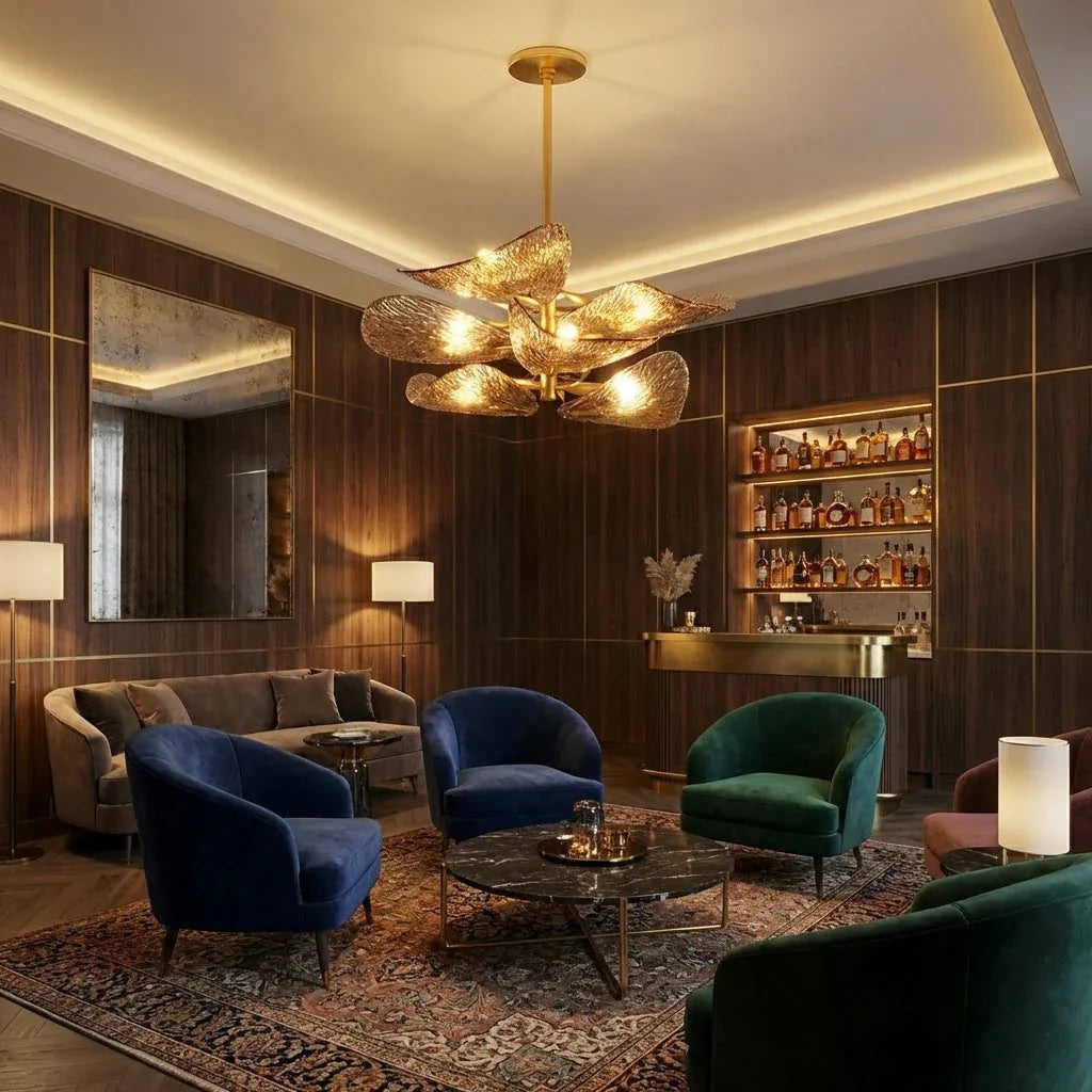 Textured Glass Leaf Chandelier - Moody Dark Executive Lounge Coffered Ceiling Velvet Club Chairs | HoaiLamp