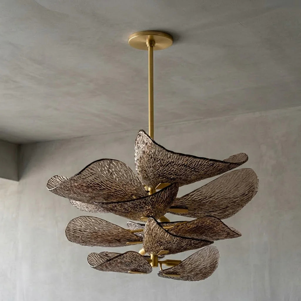 Textured Glass Leaf Chandelier - Studio Dark Grey Backdrop Low Angle Looking Up Brass Branches | HoaiLamp