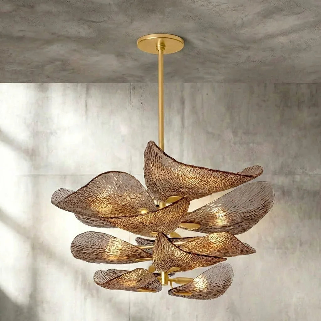 Textured Glass Leaf Chandelier - Studio Grey Plaster Wall Front Eye Level View Lit | HoaiLamp
