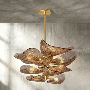Textured Glass Leaf Chandelier - Studio Grey Plaster Wall Front Eye Level View Lit | HoaiLamp