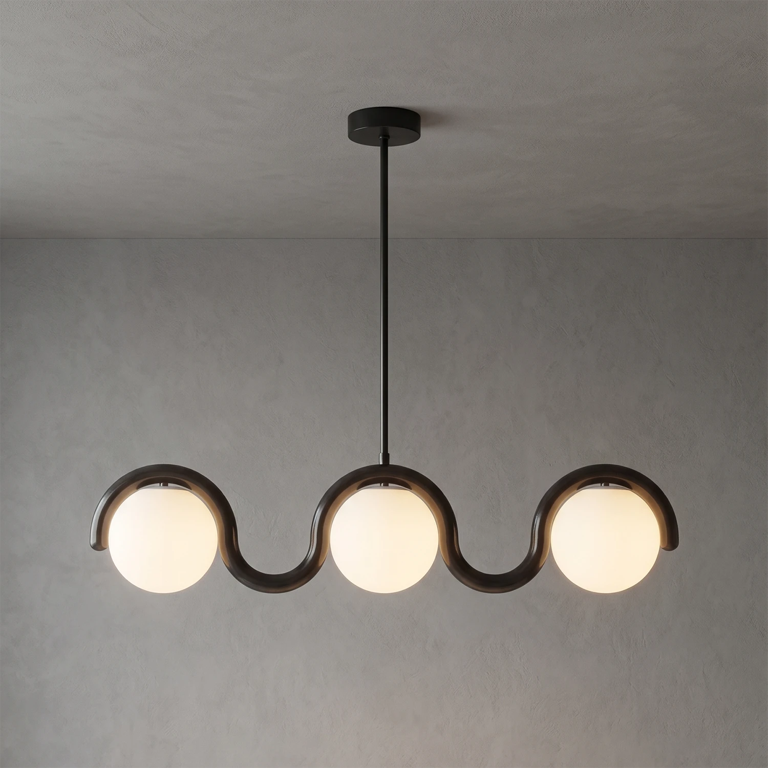Curved Linear Opal Globe Pendant - Matte Black Triple-Head Wave Chandelier | HoaiLamp