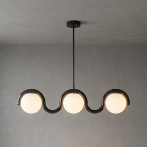 Curved Linear Opal Globe Pendant - Matte Black Triple-Head Wave Chandelier | HoaiLamp