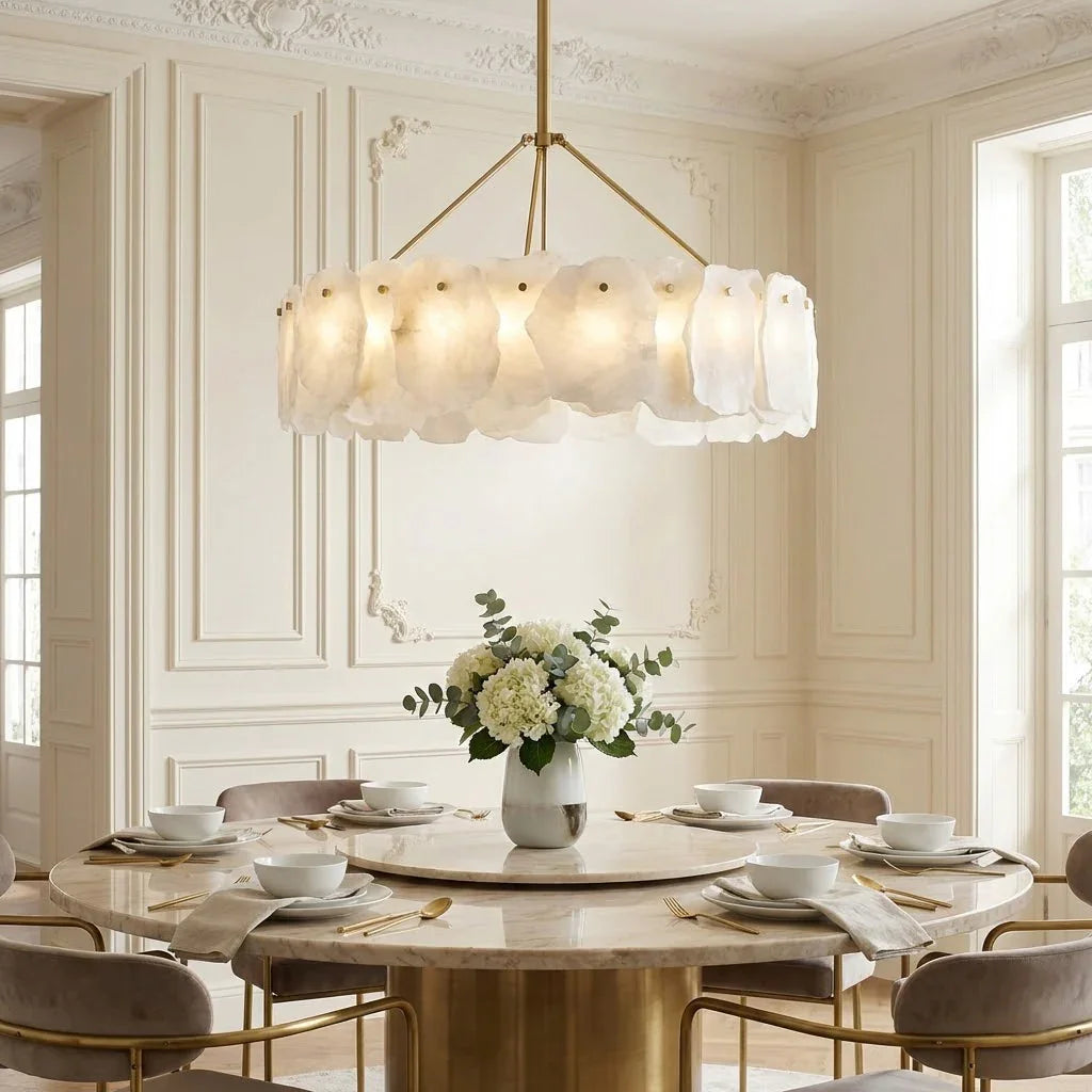 Tiered Alabaster Chandelier - Bright Contemporary Dining Room Single Tier Scalloped Drum | HoaiLamp