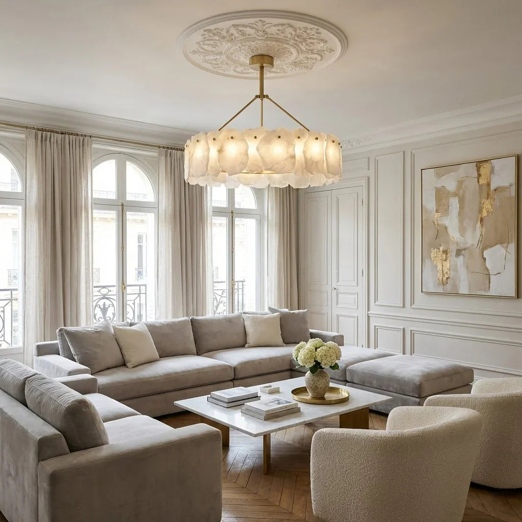 Tiered Alabaster Chandelier - Bright Transitional Living Room Grey Sectional Ceiling Medallion | HoaiLamp