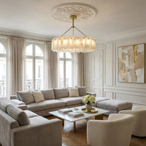 Tiered Alabaster Chandelier - Bright Transitional Living Room Grey Sectional Ceiling Medallion | HoaiLamp