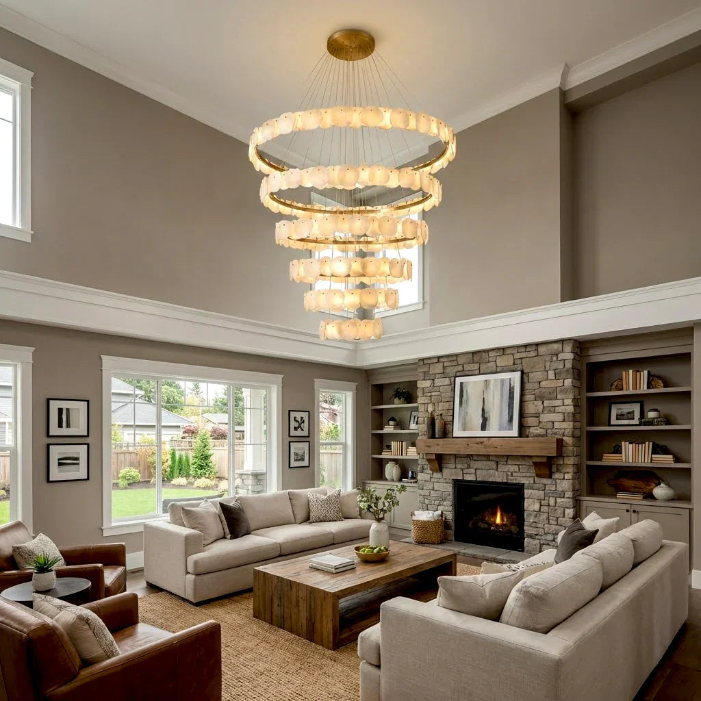 Tiered Alabaster Chandelier - Grand Living Room Large Stone Fireplace Sectional Sofas | HoaiLamp