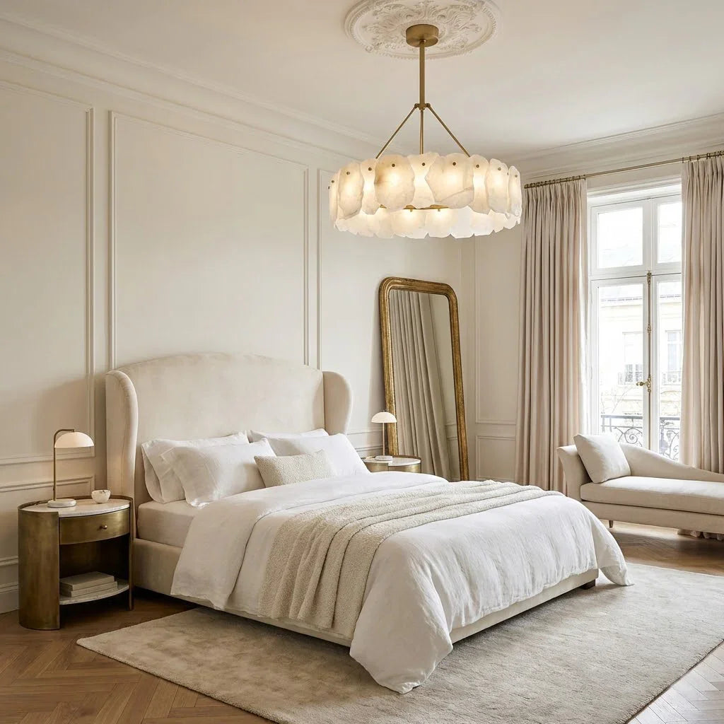 Tiered Alabaster Chandelier - Elegant Master Bedroom Cream Upholstered Headboard Ceiling Medallion | HoaiLamp