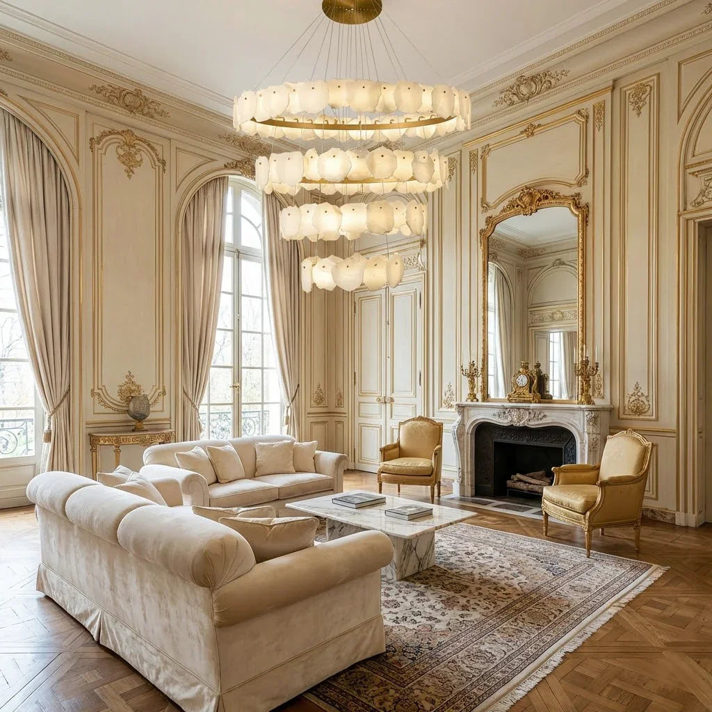 Tiered Alabaster Chandelier - French Classical Salon White Molding Panels Classic Fireplace | HoaiLamp