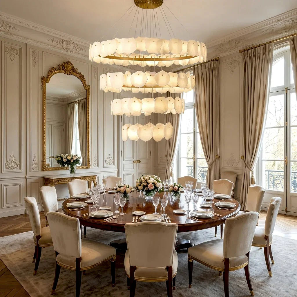 Tiered Alabaster Chandelier - French Neoclassical Dining Room Arched Windows Ornate Mirror | HoaiLamp