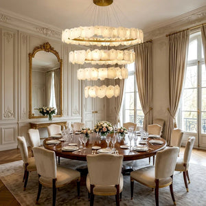 Tiered Alabaster Chandelier - French Neoclassical Dining Room Arched Windows Ornate Mirror | HoaiLamp