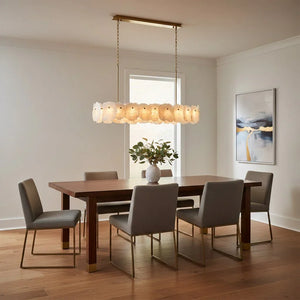 Tiered Alabaster Chandelier - Modern Dining Room Wood Slab Table Linear Pendant | HoaiLamp