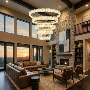 Tiered Alabaster Chandelier - Luxury Villa Lounge Sunset View Stone Fireplace | HoaiLamp