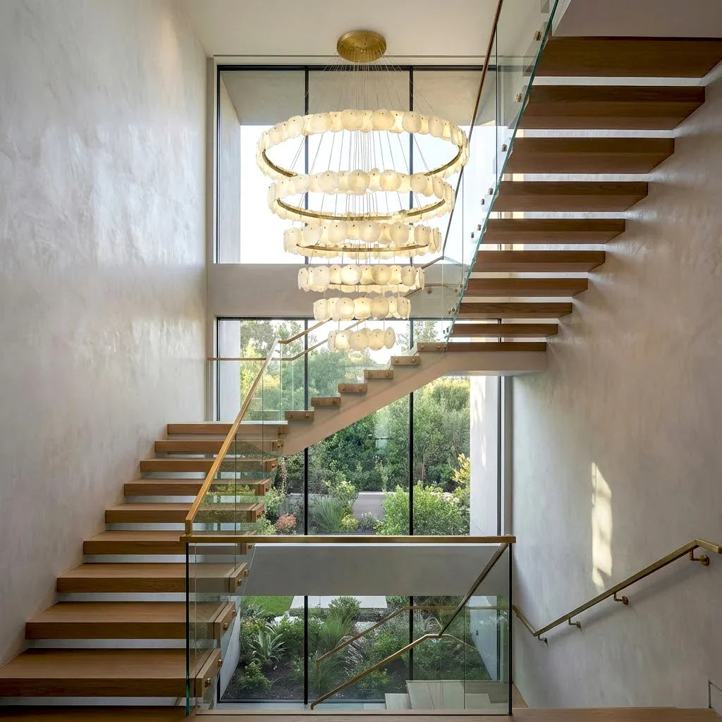Tiered Alabaster Chandelier - Modern Floating Staircase Foyer Glass Railing Chandelier | HoaiLamp