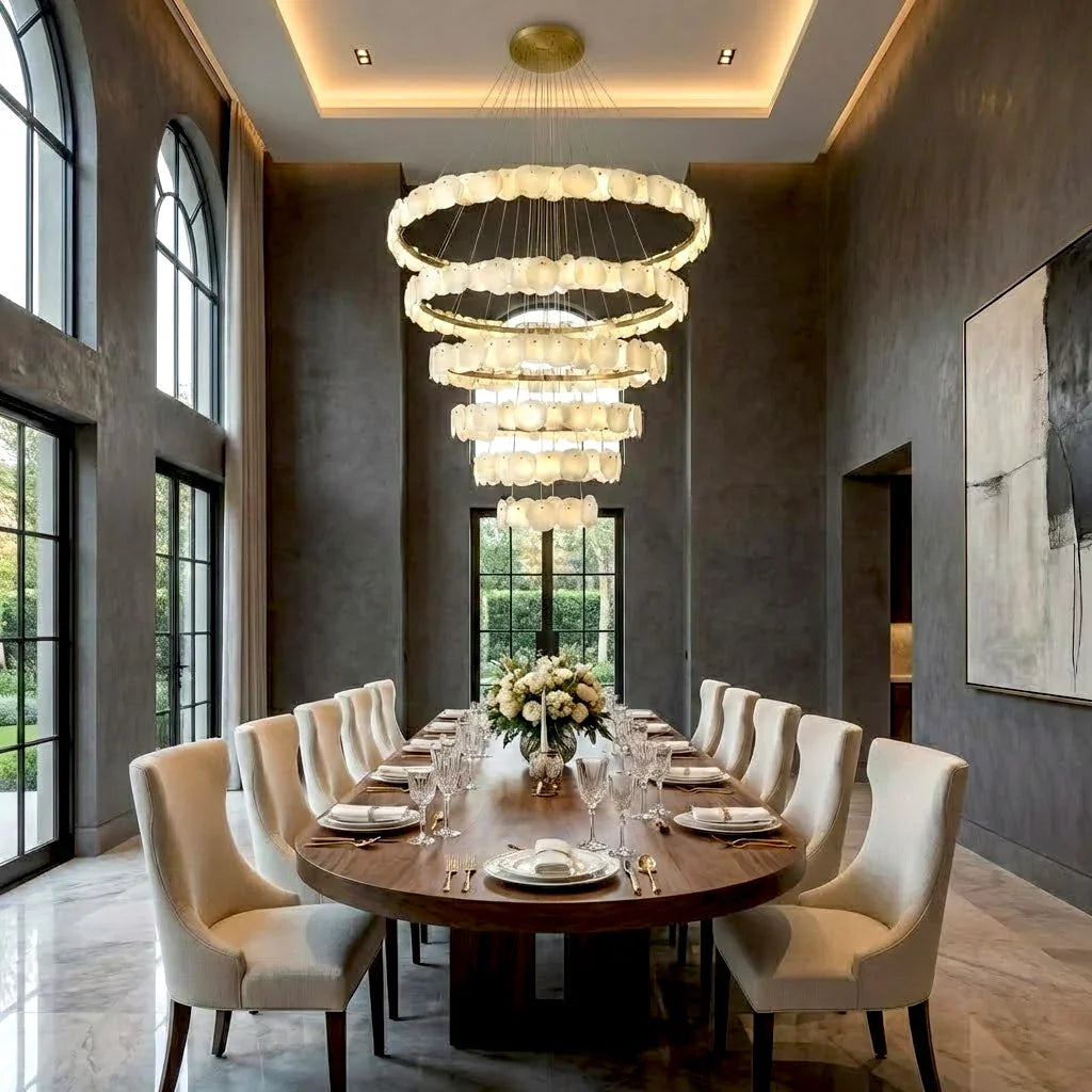 Tiered Alabaster Chandelier - Modern Luxury Formal Dining Space Long Wooden Table | HoaiLamp