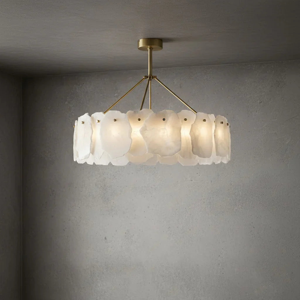 Tiered Alabaster Chandelier - Studio Grey Concrete Single Tier Round Drum Stem Mount | HoaiLamp