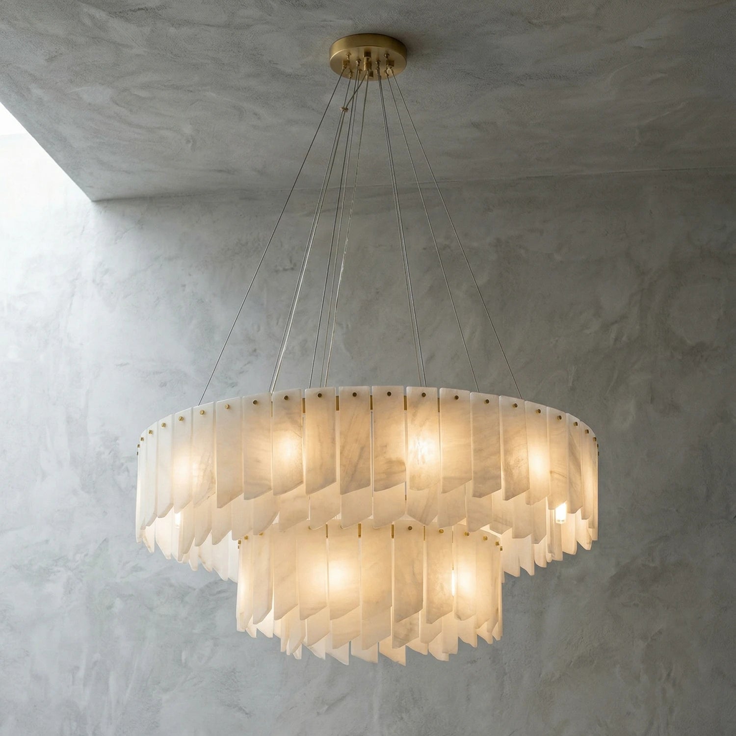 Cascade Alabaster Tiered Brass Chandelier-Minimalist Alabaster Close-up - Soft Diffusion | HoaiLamp