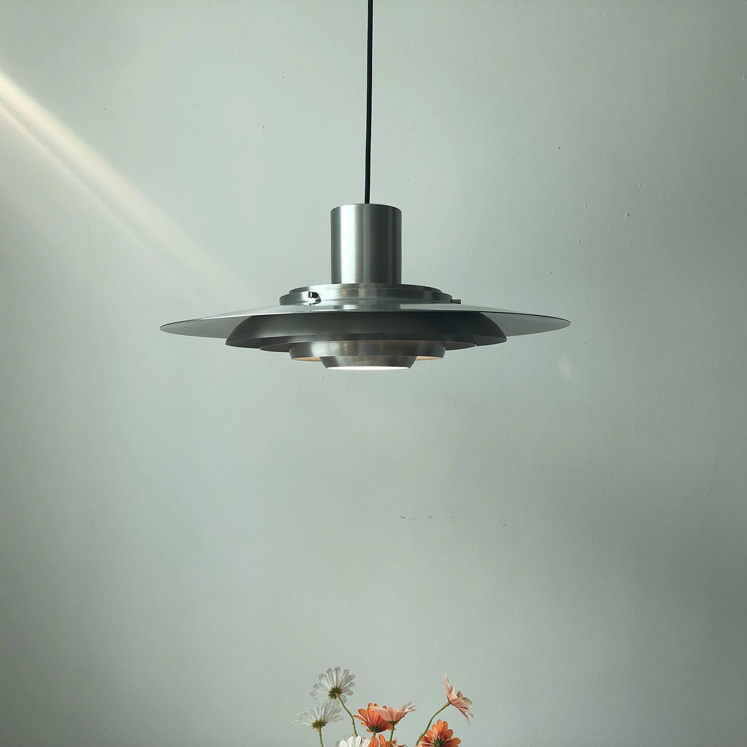 Tiered Dish-Shaped Disc Pendant - Brushed Steel Minimalist Profile