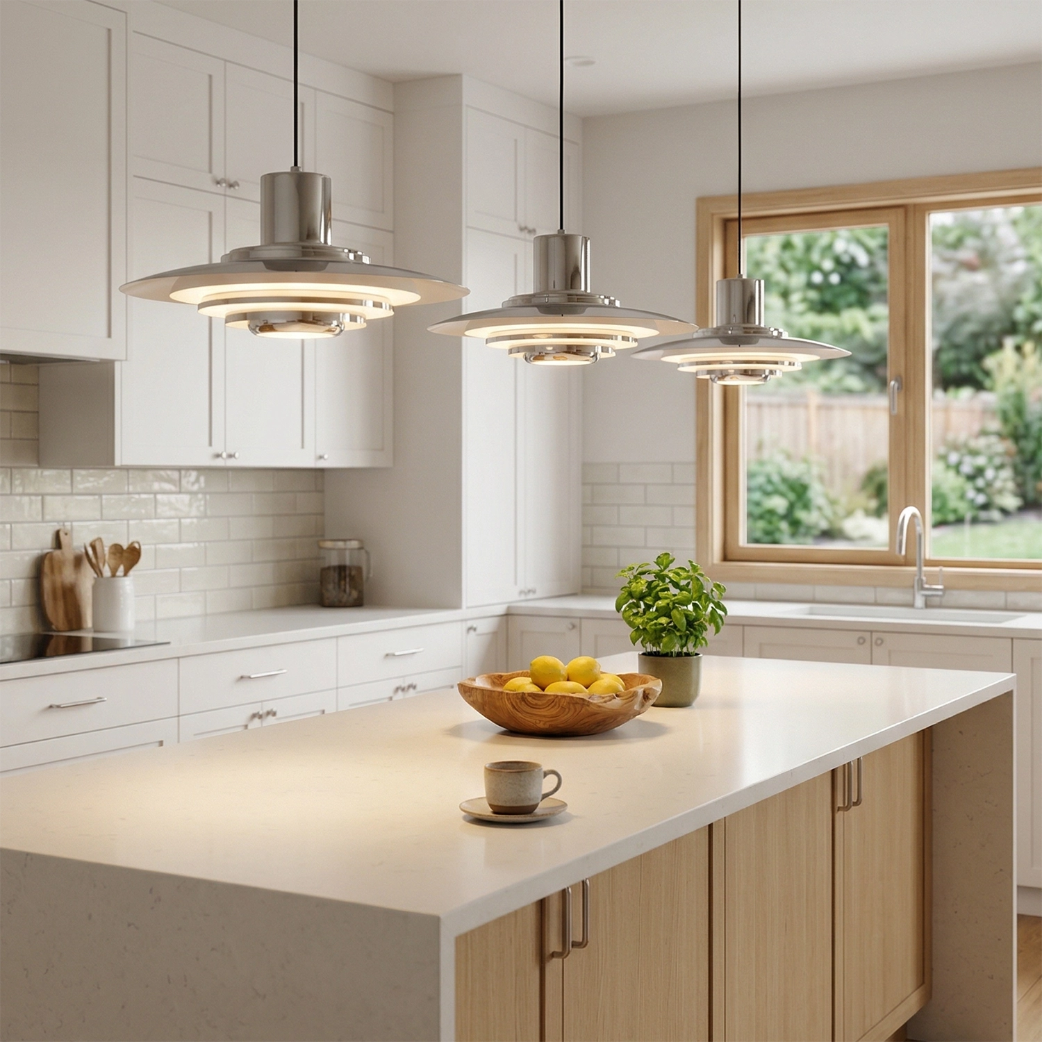  Tiered Dish-Shaped Disc Pendant Light - Satin Brass Kitchen Island Feature Lighting Set | HoaiLamp