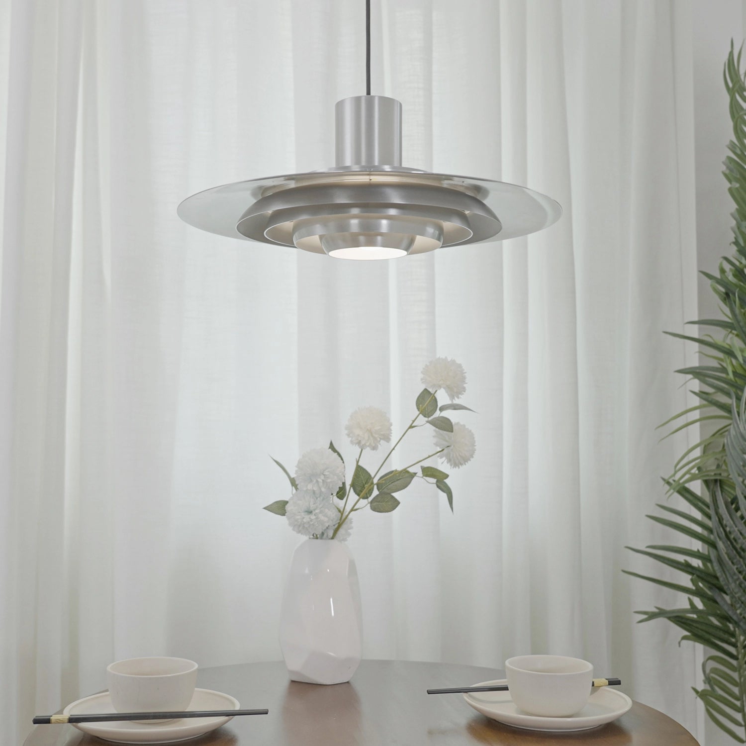 Tiered Dish-Shaped Disc Pendant - Brushed Silver Modern Dining Room Table Centerpiece