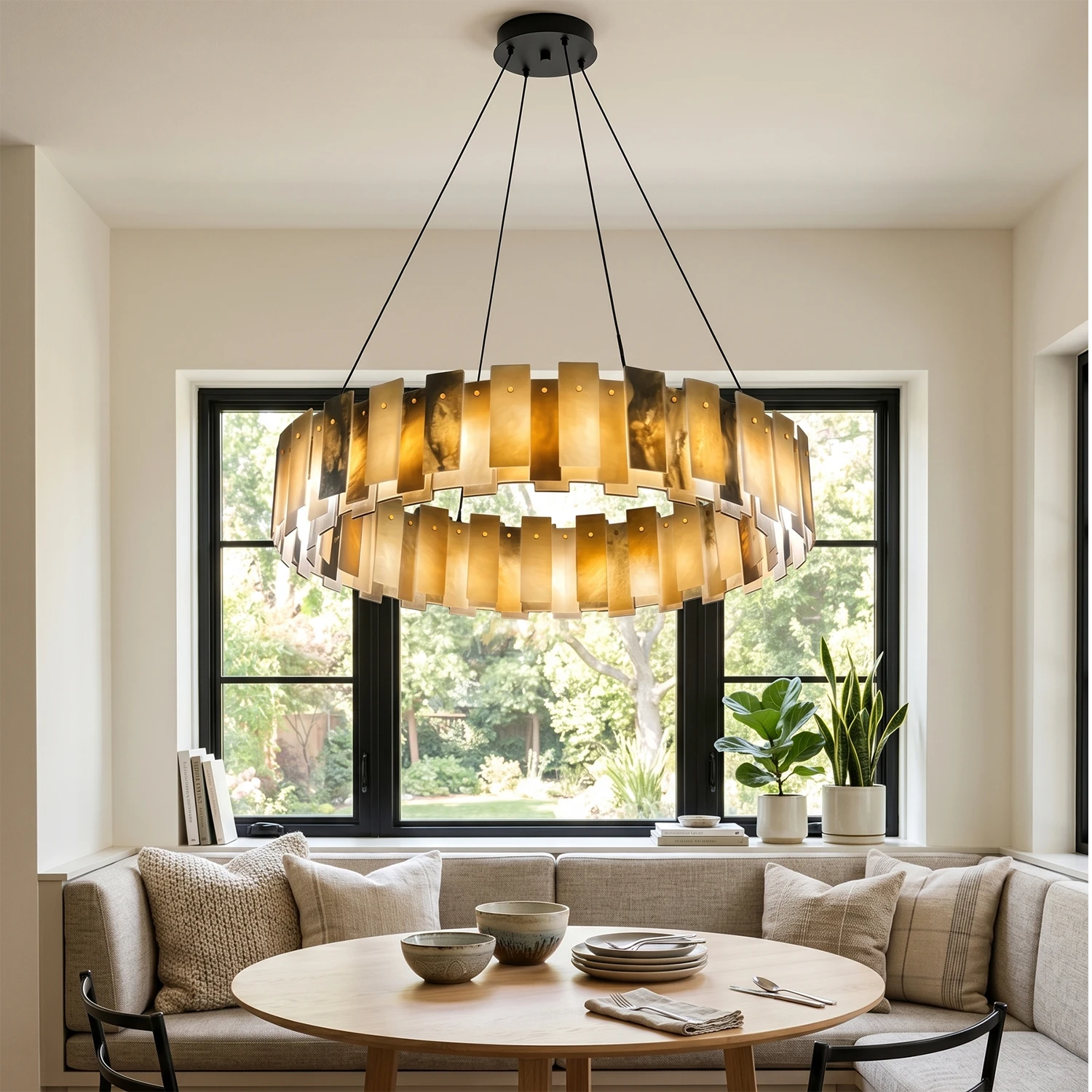 Tobacco-Hued Alabaster Chandelier - Contemporary Living Room Black Window Frame Decor | HoaiLamp