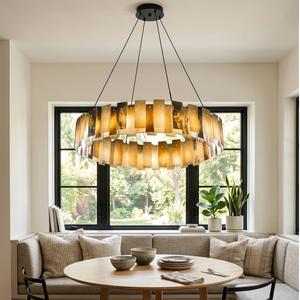 Tobacco-Hued Alabaster Chandelier - Contemporary Living Room Black Window Frame Decor | HoaiLamp