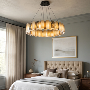 Tobacco-Hued Alabaster Chandelier - Cozy Master Bedroom Tufted Headboard Ambient Light | HoaiLamp